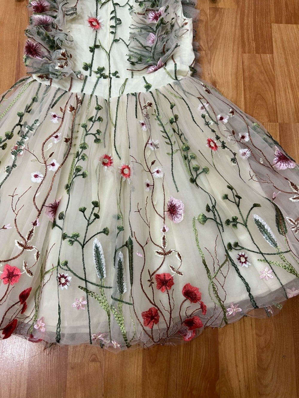 Girls Cream Floral Embroidered Tulle Dress - Picture 5 of 5